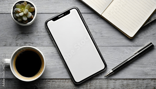 White screen iphone mockup on a desk with a coffee, pen and notebook