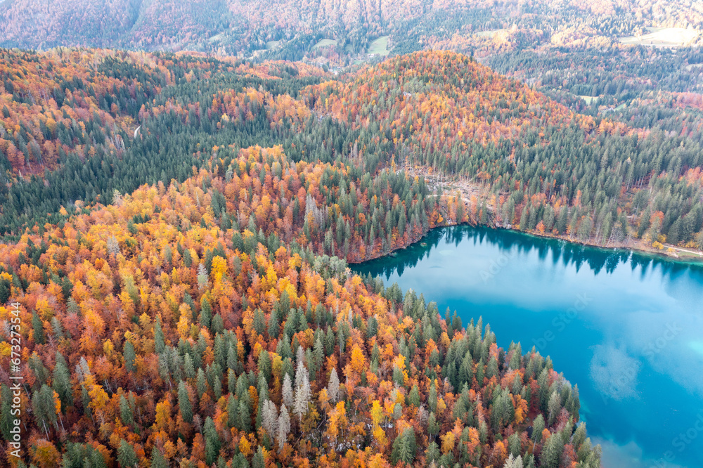 aerial view of Fusine lakes in autumn colors