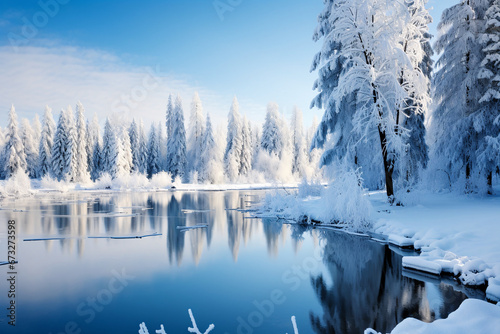winter landscape with lake, generative ai  © Alexander
