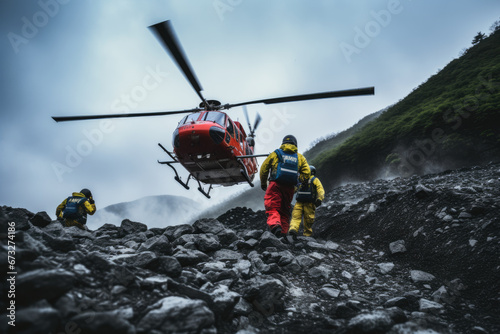 Rescue helicopter landed in the mountains