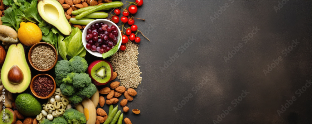Top view of colorful vegetable mix with nuts with dark background. Healthy food concept. Fresh vegetable, raw food. Copy space for free text
