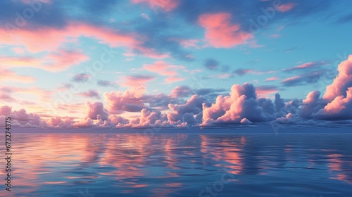 Beautiful landscape background. Cartoon summer sunset with clouds and lake. Anime style