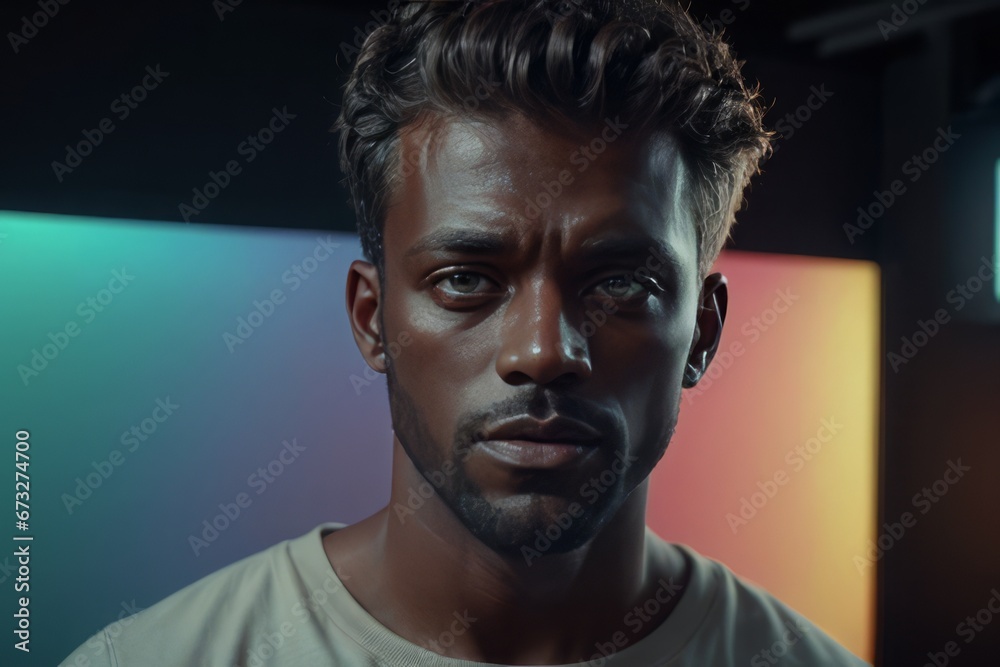 young african american man looking at camera.young african american man looking at camera.portrait of young man with short hair in neon lights