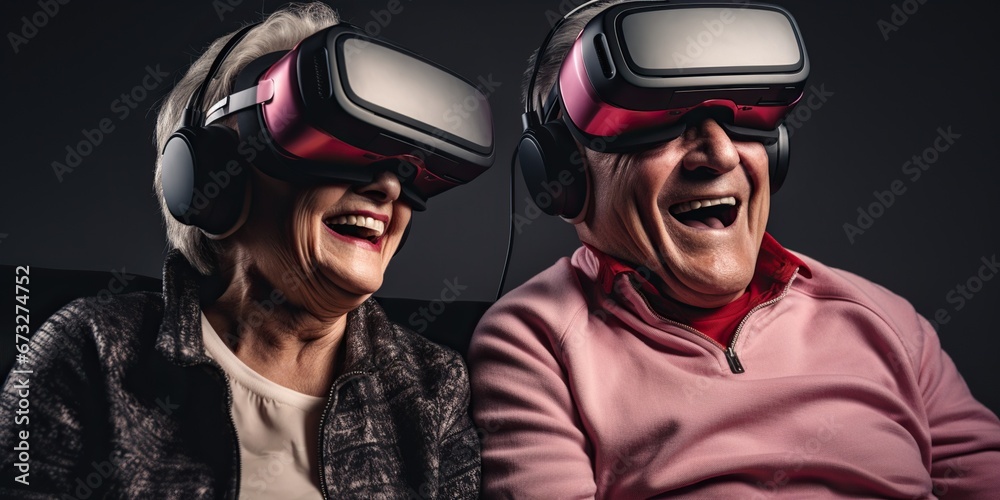 Elderly couple exploring a vr gaming setup, depicting the intersection of technology and entertainment across ages, concept of Virtual reality Elderly couple exploring a vr gaming setup, depicting the intersection of technology and entertainment across ages, concept of Virtual reality