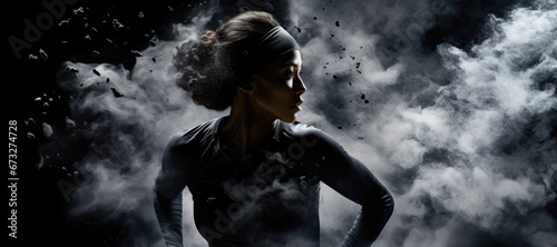 Dynamic image of a beautiful runner on a black background with smoke. The athlete runs in the smoke and looks to the side. Copy space.