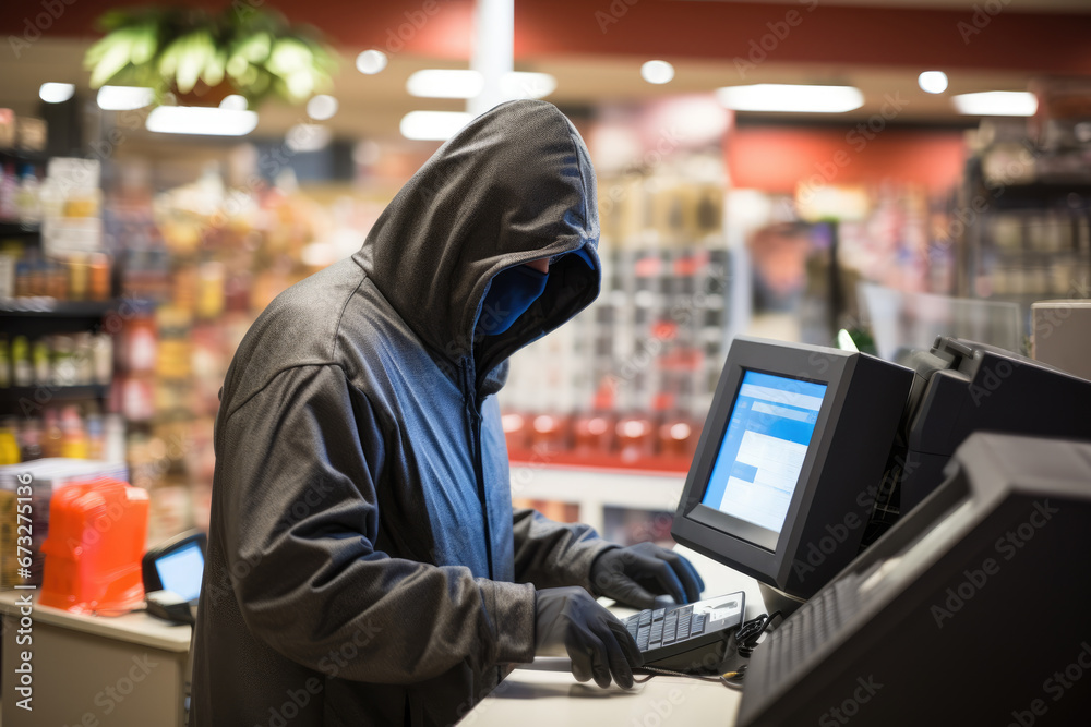 masked criminal robs a cash register in a store. - obrazy, fototapety, plakaty 