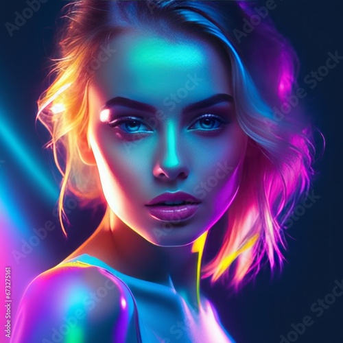 portrait of beautiful young woman with bright neon lights in pink studio portrait of beautiful young woman with bright neon lights in pink studio young girl with bright makeup and colorful lights