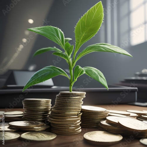 growing plant and coins. mixed media growing plant and coins. mixed media coins with plant growing in pot on table against blurred background. money savings concept