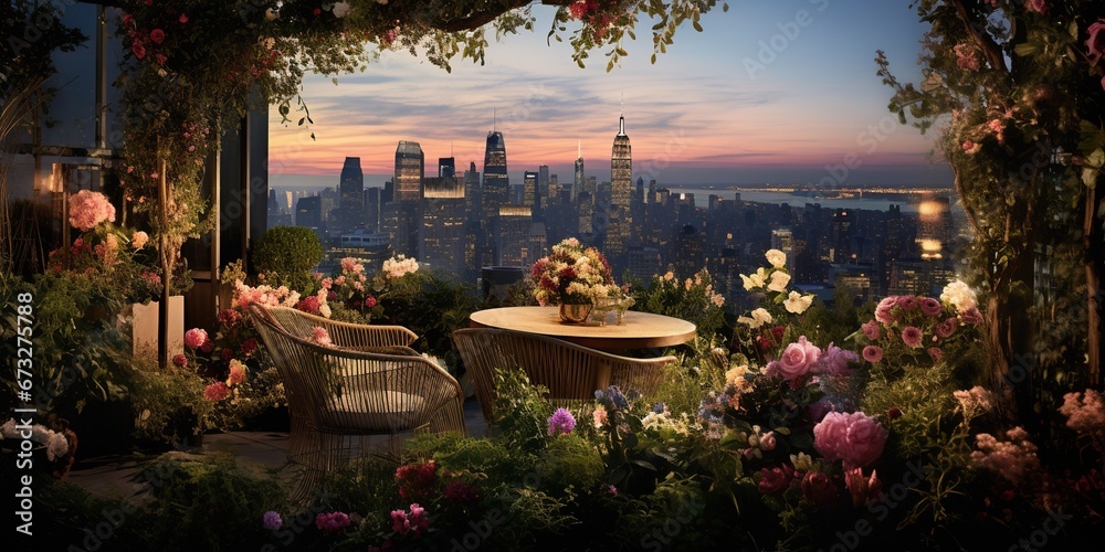 In a bustling city that never sleeps, a secret garden blooms on the rooftop of a skyscraper , concept of Urban Oasis - obrazy, fototapety, plakaty 