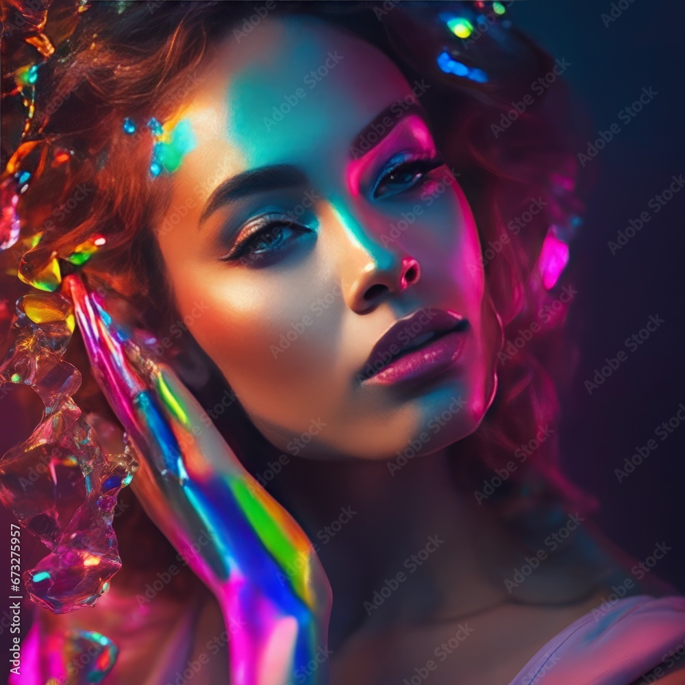 young attractive woman with creative make up and colorful lights young attractive woman with creative make up and colorful lights beautiful young woman with creative make - up