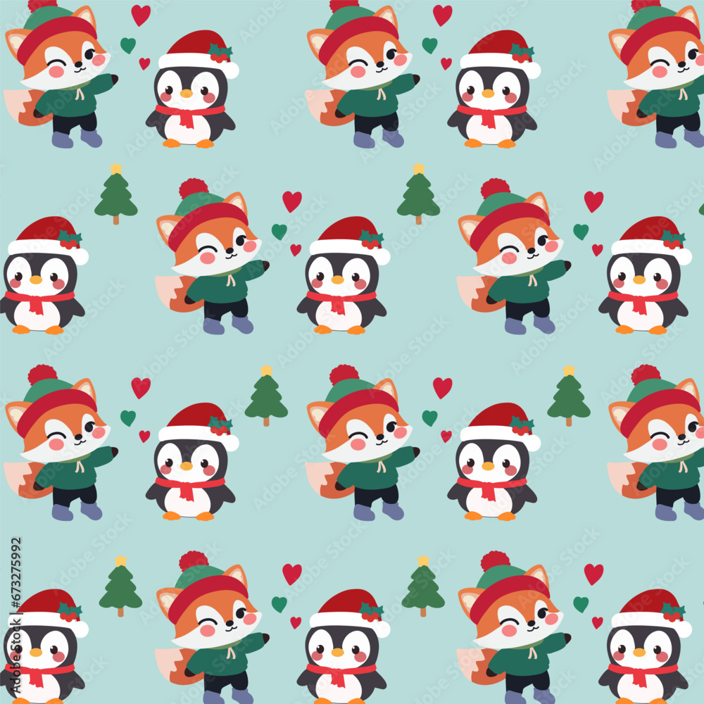 Cute seamless pattern features a playful fox, a penguin, and a festive Christmas tree on a blue background.