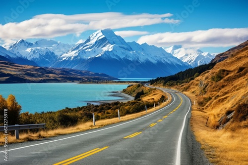 Road beside Lake Pukaki with Mount Cook in the background. Generative AI