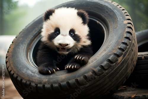 Fototapeta adorable panda having fun with car tires. Generative AI