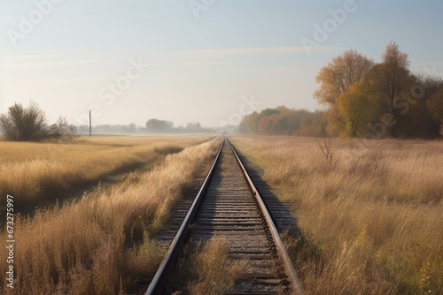 Panoramic view of prairie train tracks fading into the distance. Generative AI © Persephone