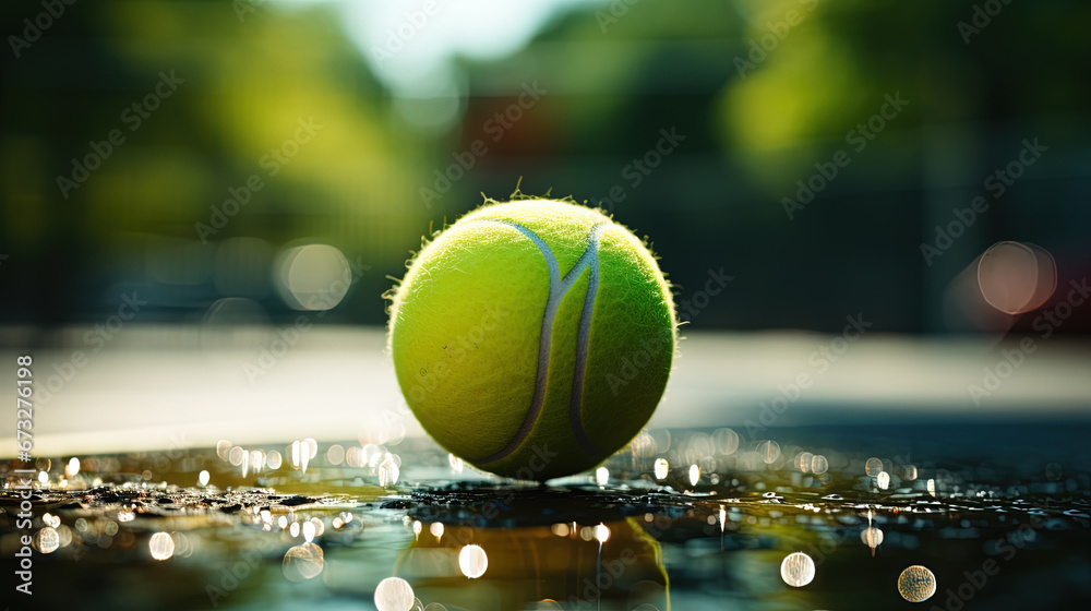 Closeup of A Tennis Ball on the Field or Ground in The Tennis Court Blurred Background