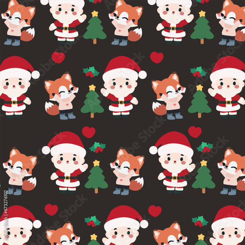 Cute Santa Christmas, Tree ,Fox Seamless Pattern. Seamless pattern features a Santa Claus, Christmas trees, and foxes on a dark background.