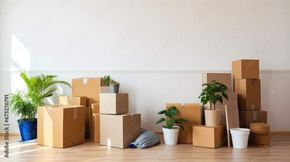 Fototapeta premium cardboard boxes and plants ready for a move. moving to a new house