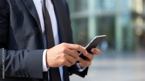 close-up of businessman in suit looking at mobile phone