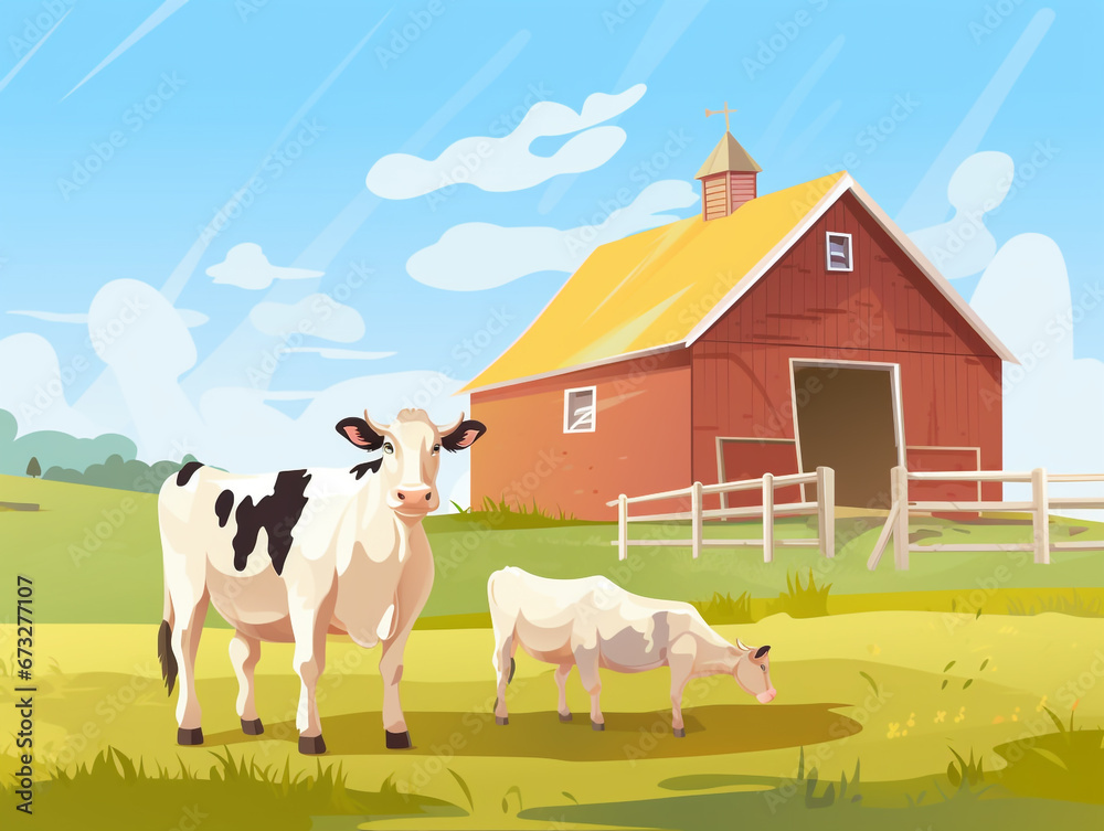 Cows on a dairy farm. Barn building at the back and a large pasture for cattle to graze on. Cows on a dairy farm. Barn building at the back and a large pasture for cattle to graze on.
