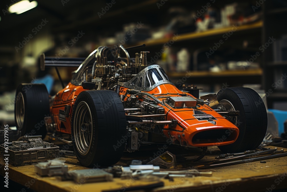  vintage race car rests in a garage, awaiting restoration. This mechanical engineering marvel embodies motorsport history, with classic Formula features. It sits in an auto workshop, a testament to ca