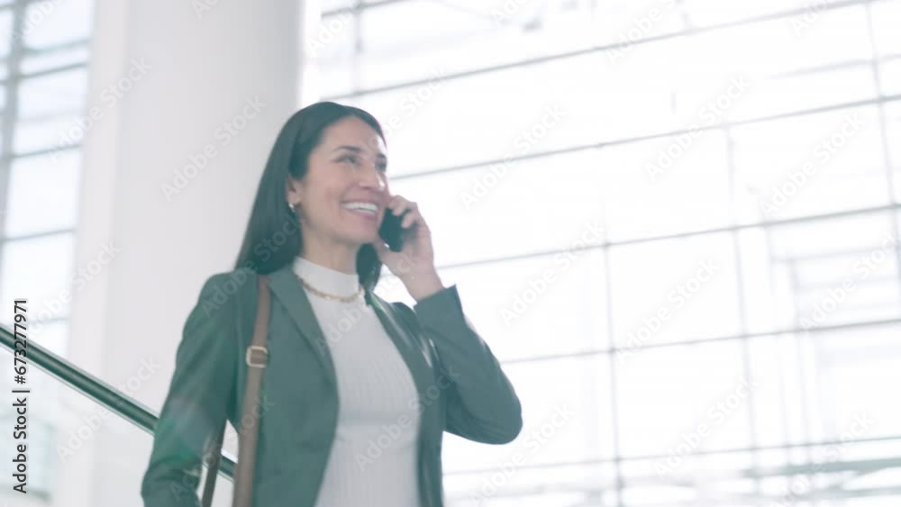 Phone call, escalator and business woman, smile and talking, chat or conversation in airport lobby. Mobile, happy and professional in discussion, communication or networking with contact for travel Phone call, escalator and business woman, smile and talking, chat or conversation in airport lobby. Mobile, happy and professional in discussion, communication or networking with contact for travel