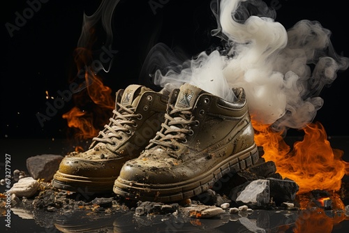 Pair of durable boots withstand heat and smoke against a dramatic black backdrop photo