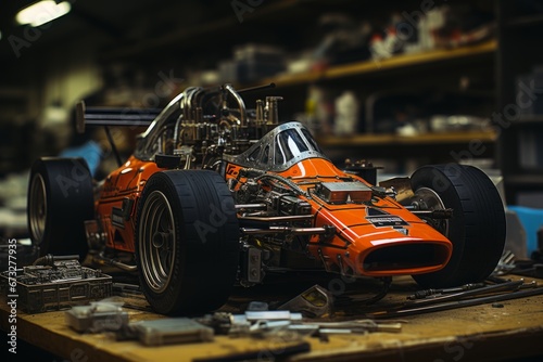  vintage race car rests in a garage, awaiting restoration. This mechanical engineering marvel embodies motorsport history, with classic Formula features. It sits in an auto workshop, a testament to ca