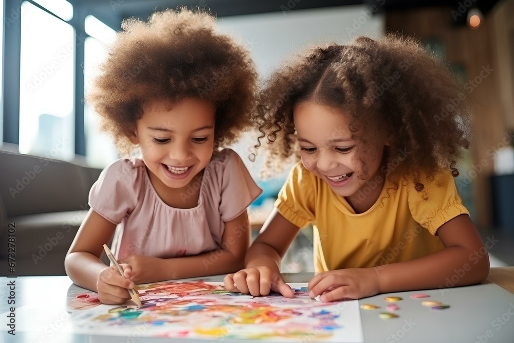 Fototapeta premium caucasian and afro female children painting together on table. generative AI