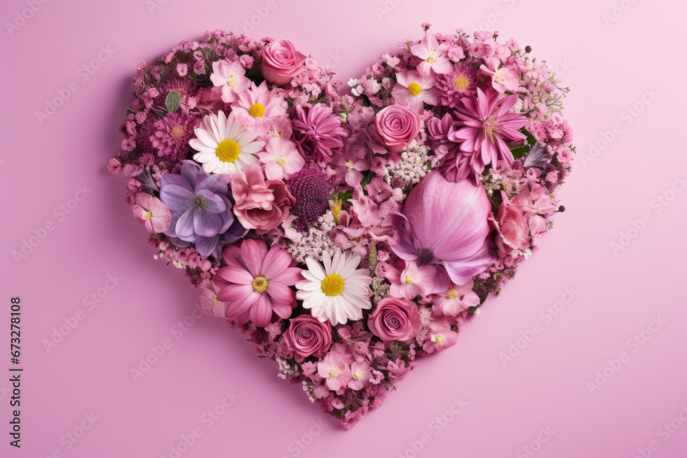 Heart-shaped composition from various flowers on a pink background. AI generative Heart-shaped composition from various flowers on a pink background. AI generative