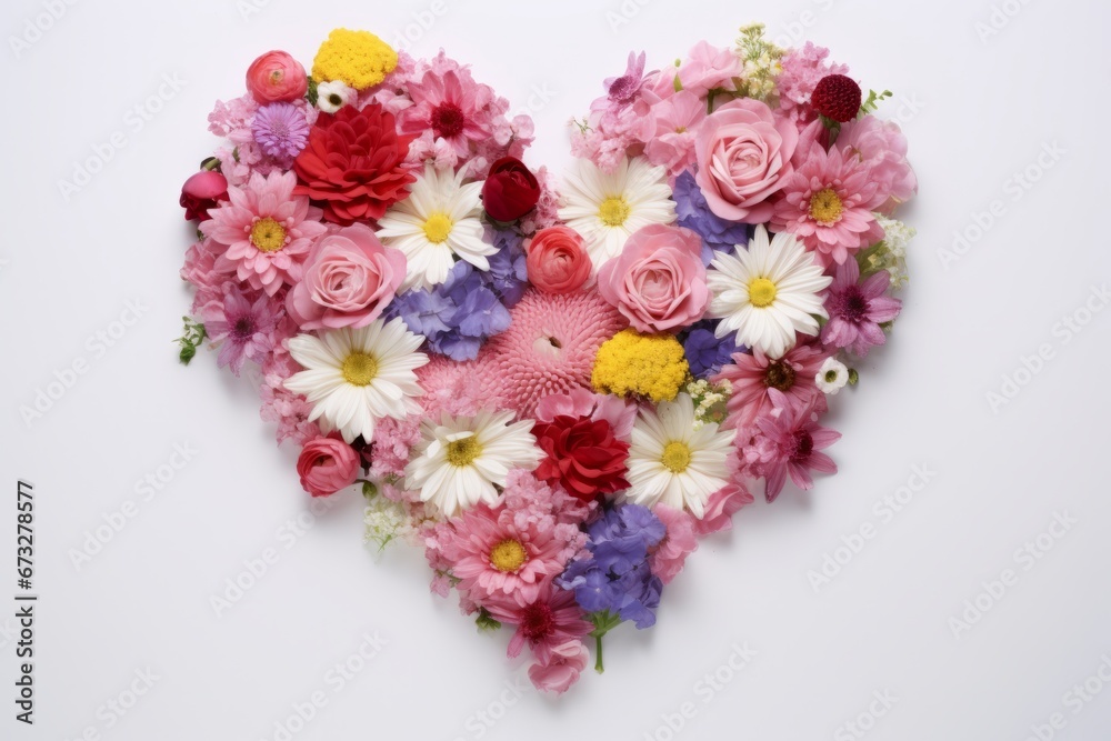 Heart-shaped composition from various flowers on a white background. AI generative