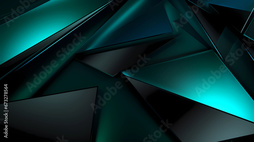 Black, jade green abstract triangle background, glossy metal like kook background