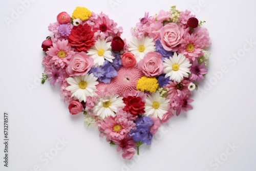 Heart-shaped composition from various flowers on a white background. AI generative