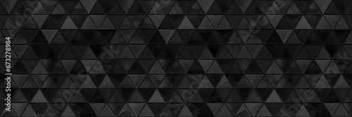 Abstract triangular black anthracite dark grey mosaic tile wallpaper wall or floor texture with geometric triangles background banner, seamless pattern