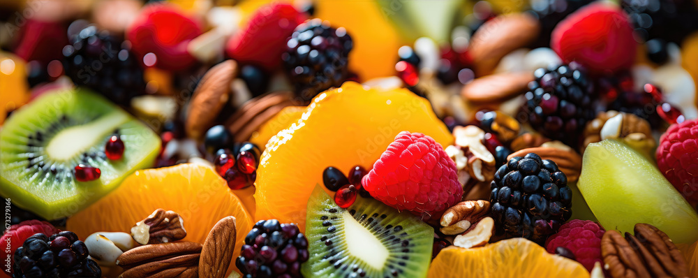Close up photo of mix of fresh fruit and nuts, healthy food concept Close up photo of mix of fresh fruit and nuts, healthy food concept