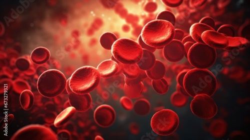 Red blood cells. Circulation of hemoglobin through vessels. Blood anemia background. Human red erythrocytes. Hemoglobin under electron microscope. Generative ai. photo
