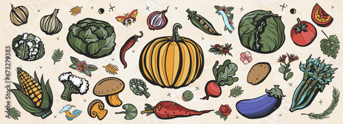 Vegetables. Old school tattoo collection. Cabbage, pumpkin, beets, tomato, corn, vegetables, lettuce, mushrooms, eggplant, potatoes, carrots, onions, garlic. Traditional tattooing style