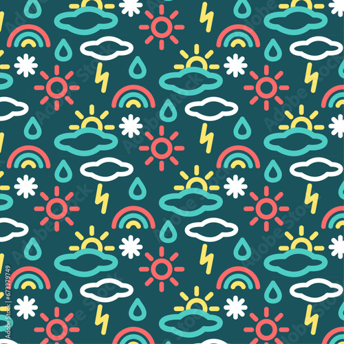 Seamless pattern of weather icons in line style. Weather news  3D illustration. Weather seasons forecast symbols