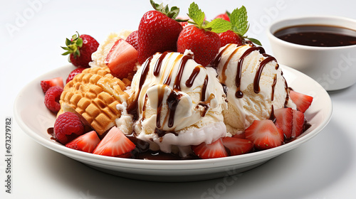 Banana Split Sundae Ice Cream in a Bowl with Strawberry Vanilla Ice Cream Scoops Selective Focus Background