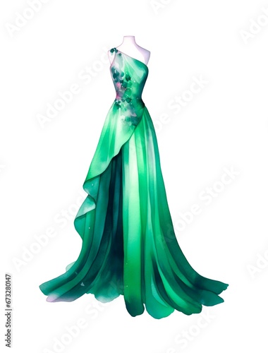 Green long female dress isolated on white background in watercolor style.