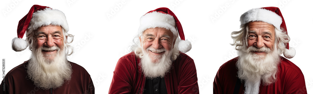 Collection of smiling senior men in Santa Claus hat with long white beard looking at camera against white background Collection of smiling senior men in Santa Claus hat with long white beard looking at camera against white background