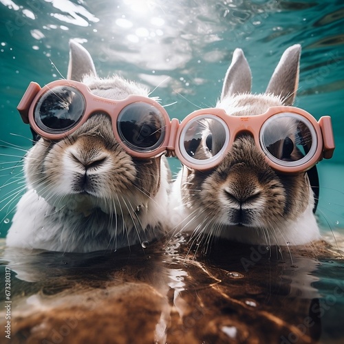 Cute rabbits with goggles under the water, 