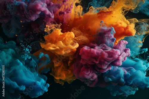 Colorful paints and drops blend in fluid to create abstract patterns and smoky clouds. Generative AI