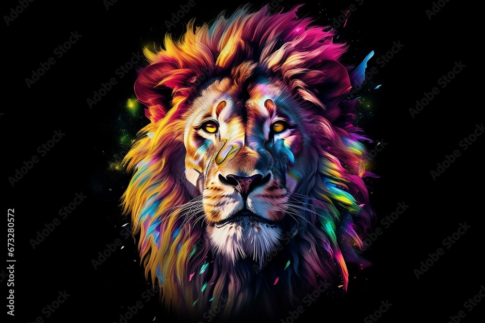 bright lion on black backdrop. Generative AI