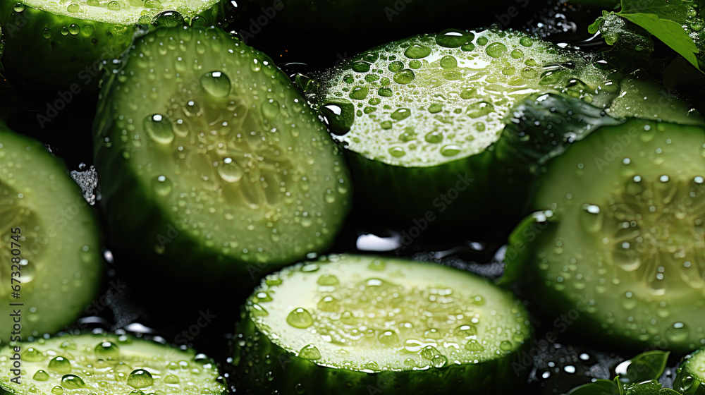 Water Drops Fresh Organic Whole and Sliced Cucumber on Defocused Background