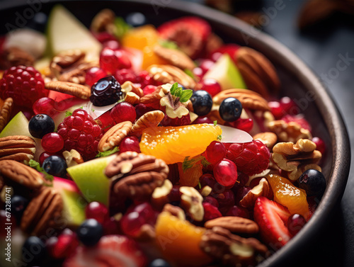 Close up photo of fresh fruit and nuts on plate  healthy food concept