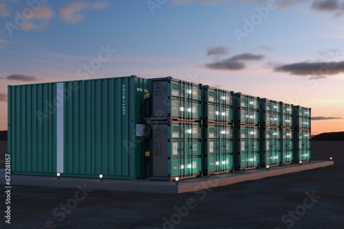 3D rendering of high-capacity battery energy storage facility utilizing shipping containers. Generative AI