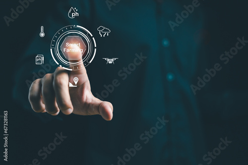 Smart farming Agriculture technology farmer. Artificial intelligence (Ai). Farmer using modern and innovative tools to forecast temperature, weather, humidity, alkalinity. Man touch icon background