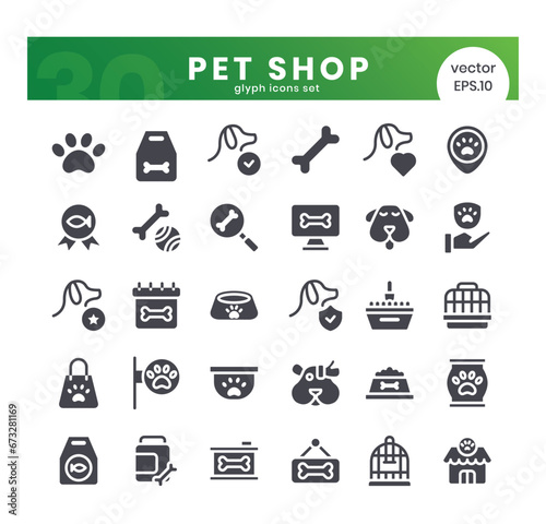 Set of pet shop icons. Glyph style icon bundle. Vector Illustration