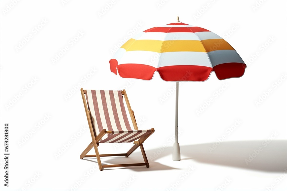 Deck chair, sunshade, beach ball on white background. Generative AI