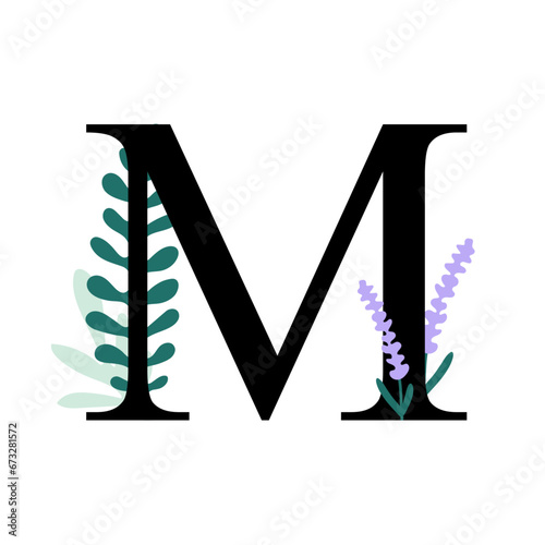 Floral alphabet, letter M with flowers and leaf. For invitations, greeting card, logo, poster and other design.